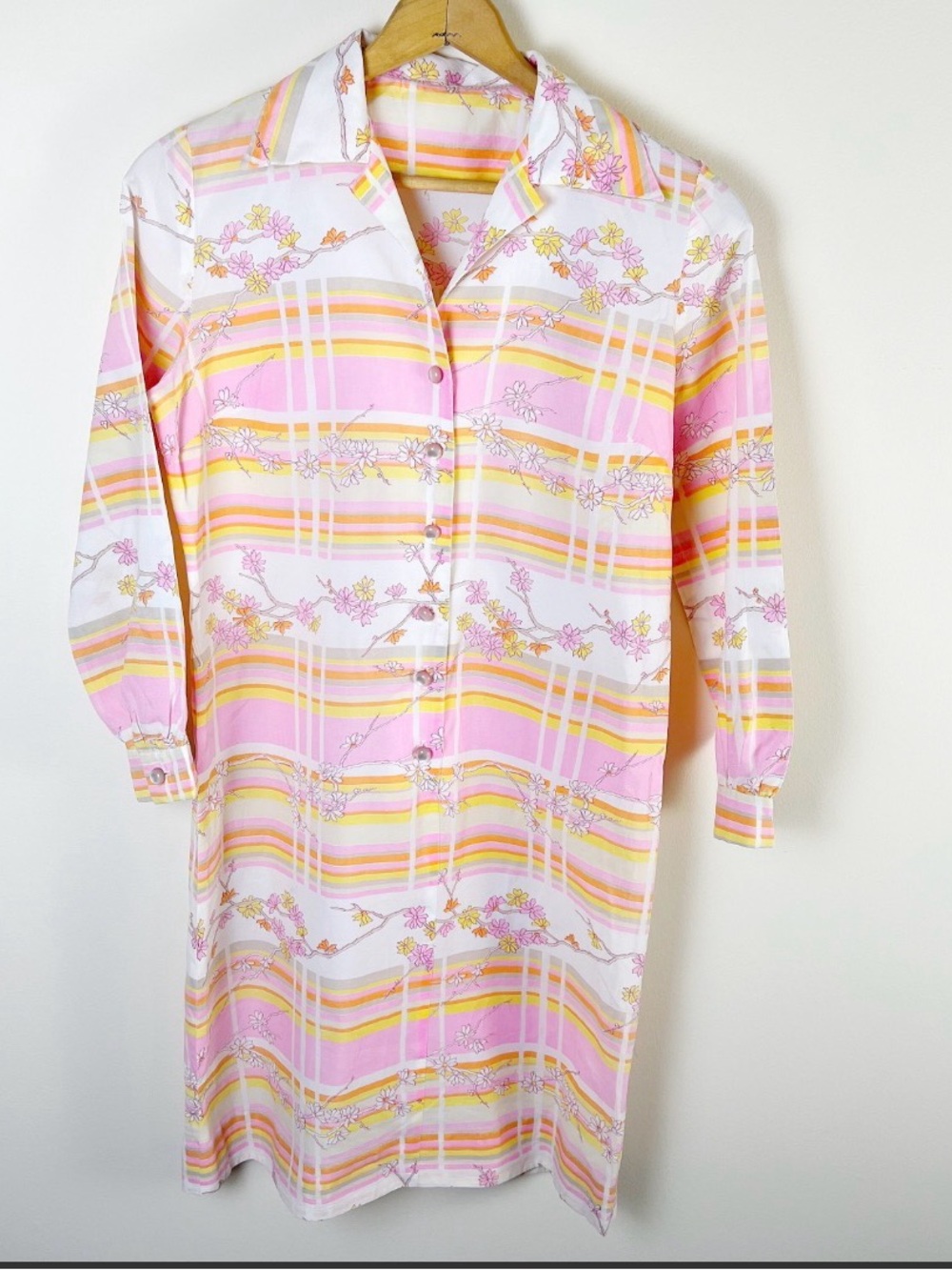 Vintage 70s Pink and Yellow Midi Shirt Dress - Picture 3 of 7